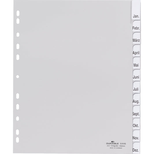 DURABLE Ordnerregister DIN A4, Überbreite blanko Polypropylen grau 12 Registerblätter