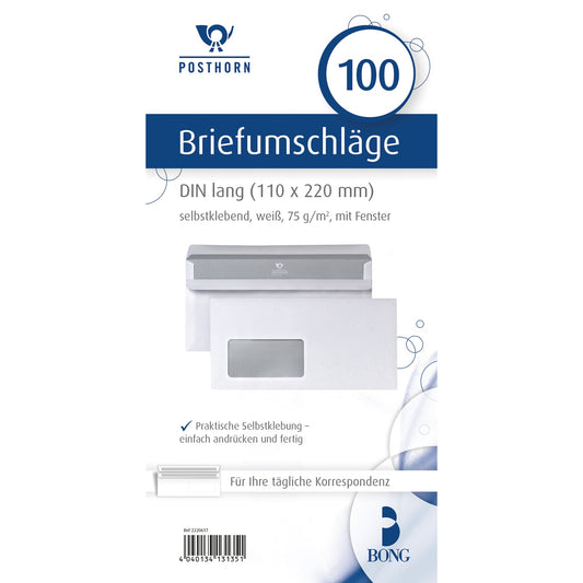 POSTHORN Briefumschlag DIN lang 220 x 110 mm (B x H) mit Selbstklebung mit Fenster 75g/m² weiß 100 St./Pack.
