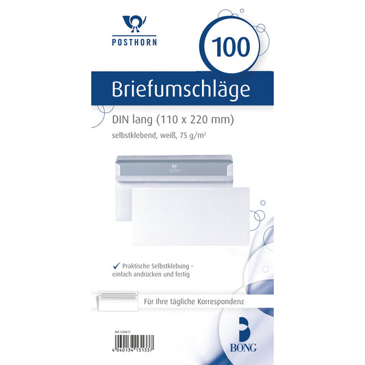 POSTHORN Briefumschlag DIN lang 220 x 110 mm (B x H) mit Selbstklebung ohne Fenster 75g/m² weiß 100 St./Pack.