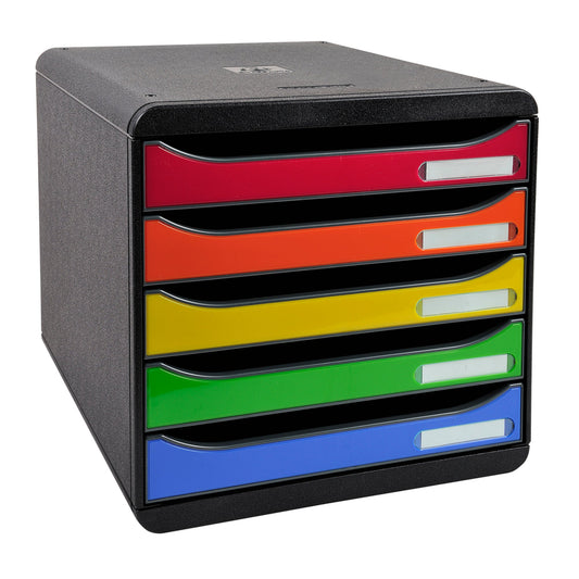 Exacompta Schubladenbox BIG-BOX plus 5 Schubladen DIN A4, Überbreite Polystyrol Gehäusefarbe: schwarz Farbe der Schublade: harlekin glossy