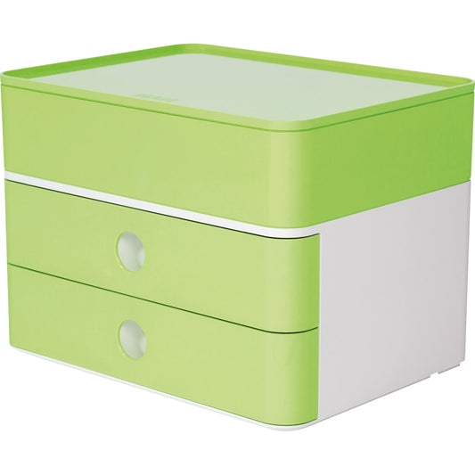 HAN Schubladenbox ALLISON SMART-BOX PLUS 2 Schubladen DIN A5 ABS Kunststoff Gehäusefarbe: snow white Farbe der Schublade: lime green