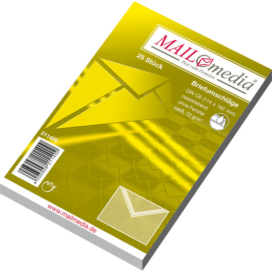 MAILmedia Briefumschlag DIN C6 162 x 114 mm (B x H) mit gummierter Klappe ohne Fenster 72g/m² weiß 25 St./Pack.