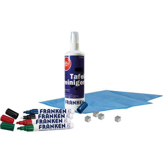 FRANKEN Starterset Glasboard 250 ml Reinigungsspray, vier Kreidemarker mit Keilspitze (rot, grün, blau, schwarz), vier Neodymmagnetwürfel 10 x 10 x 10 mm (Haftkraft 4 kg, silber), Mikrofasertuch 40 x 40 cm blau (80 % Polyester, 20 % Polyamid)