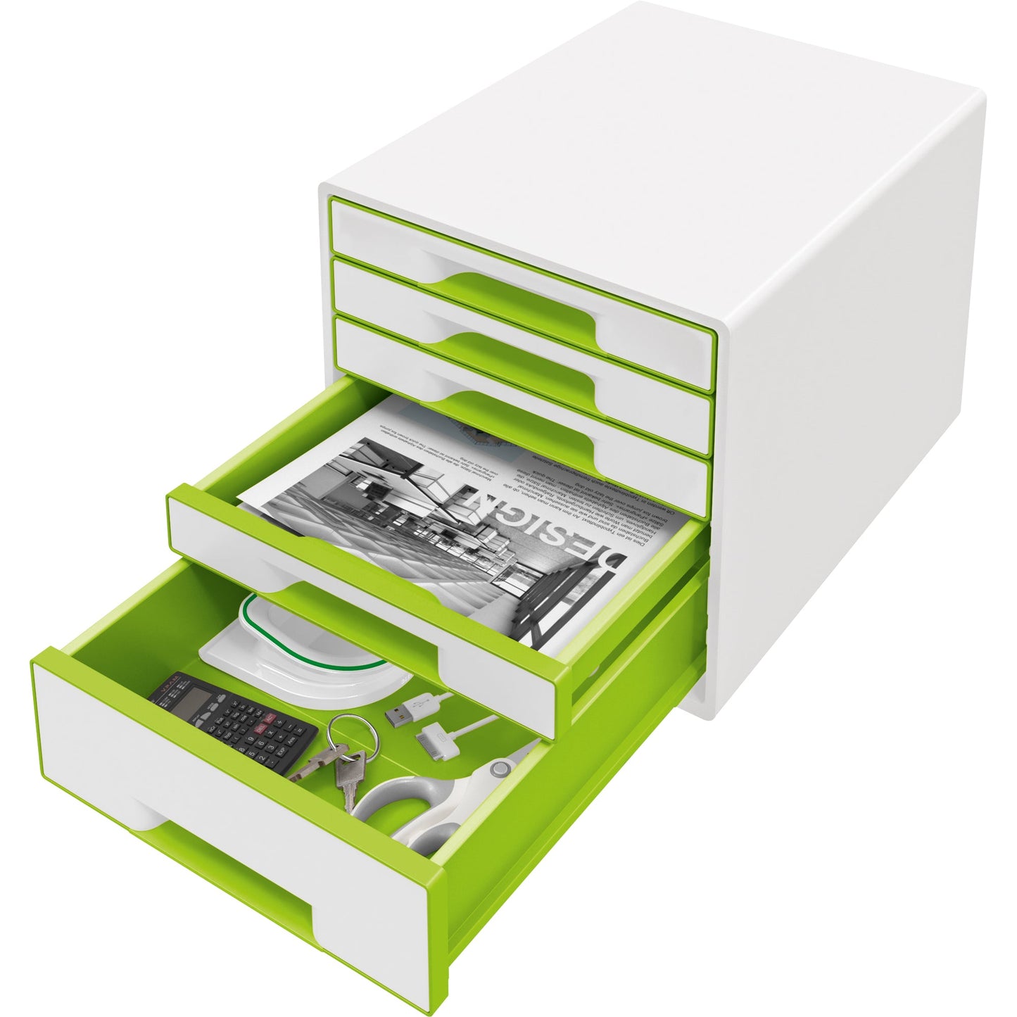 Leitz Schubladenbox WOW CUBE 5 Schubladen DIN A4 Polystyrol Gehäusefarbe: weiß Farbe der Schublade: grün/weiß