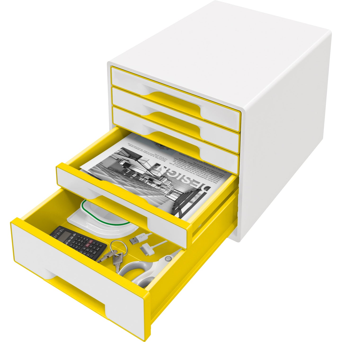 Leitz Schubladenbox WOW CUBE 5 Schubladen DIN A4 Polystyrol Gehäusefarbe: weiß Farbe der Schublade: gelb/weiß