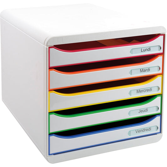 Exacompta Schubladenbox BIG-BOX plus 5 Schubladen DIN A4, Überbreite Polystyrol Gehäusefarbe: weiß Farbe der Schublade: weiß/harlekin