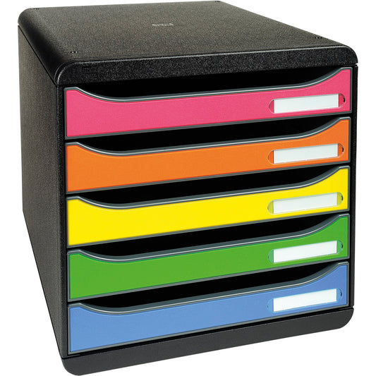 Exacompta Schubladenbox BIG-BOX plus 5 Schubladen DIN A4, Überbreite Polystyrol Gehäusefarbe: schwarz Farbe der Schublade: harlekin