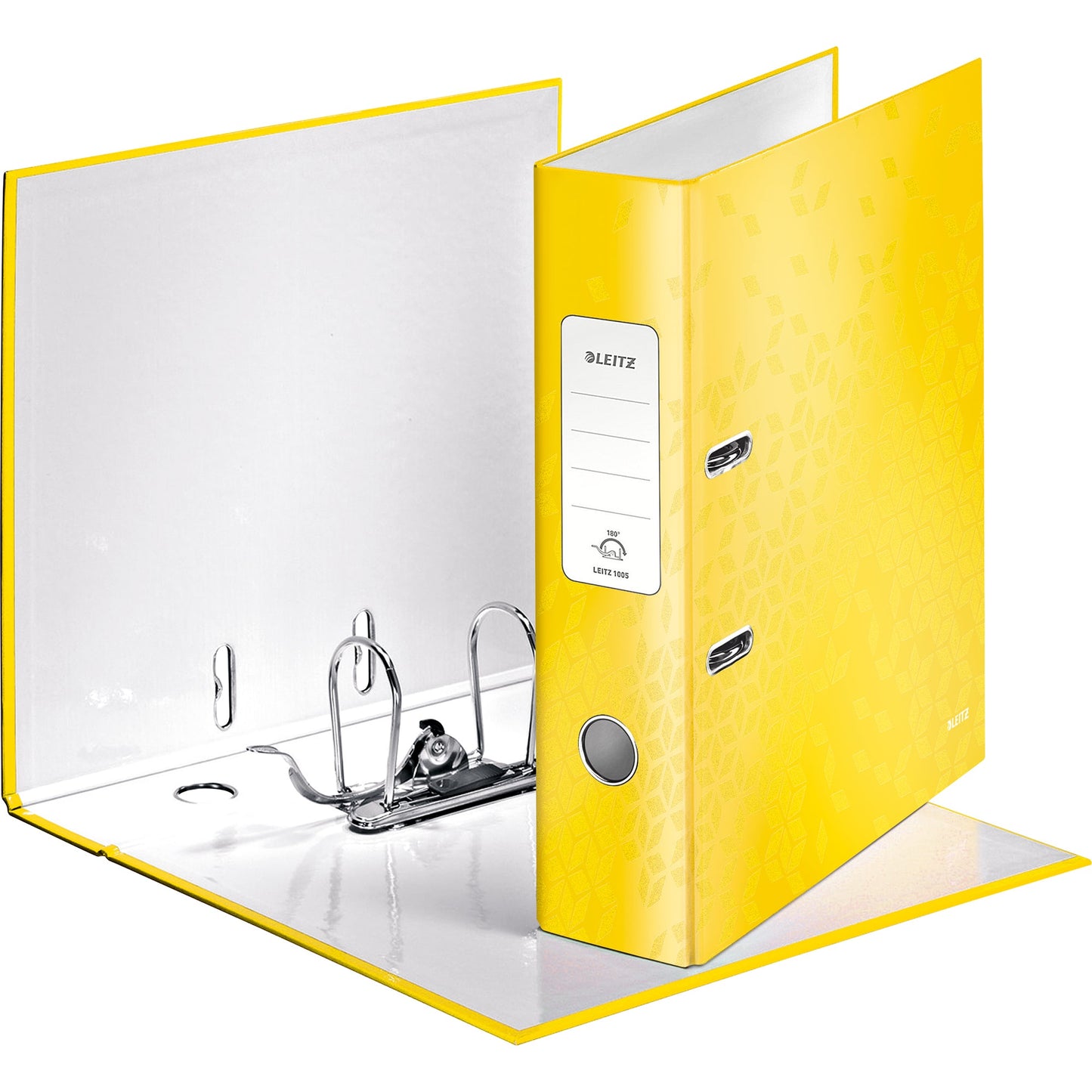 Leitz Ordner WOW 80mm DIN A4 Rückenschild: geklebt mit Schlitzen Werkstoff: Graupappe Material außen: Papier, laminiert Material innen: Papier, laminiert gelb