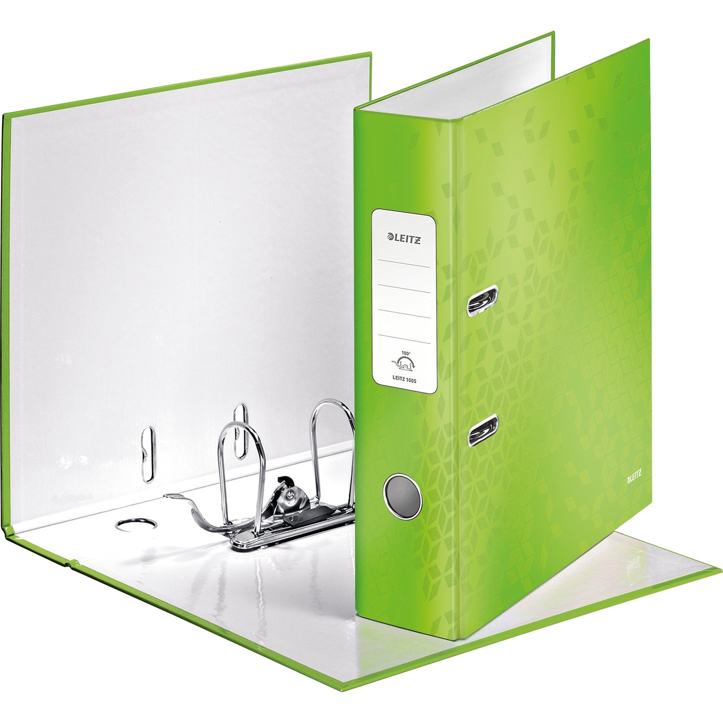 Leitz Ordner WOW 80mm DIN A4 Rückenschild: geklebt mit Schlitzen Werkstoff: Graupappe Material außen: Papier, laminiert Material innen: Papier, laminiert grün