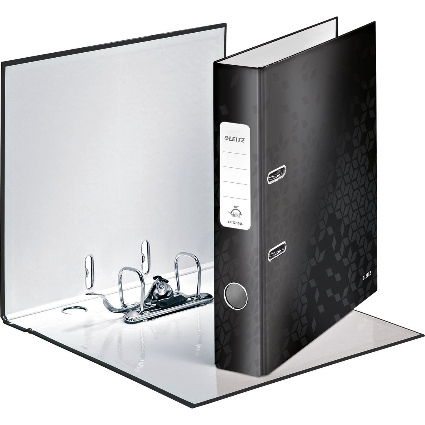 Leitz Ordner WOW 52mm DIN A4 Rückenschild: geklebt mit Schlitzen Werkstoff: Graupappe Material außen: Papier, laminiert Material innen: Papier, laminiert schwarz