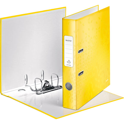 Leitz Ordner WOW 52mm DIN A4 Rückenschild: geklebt mit Schlitzen Werkstoff: Graupappe Material außen: Papier, laminiert Material innen: Papier, laminiert gelb