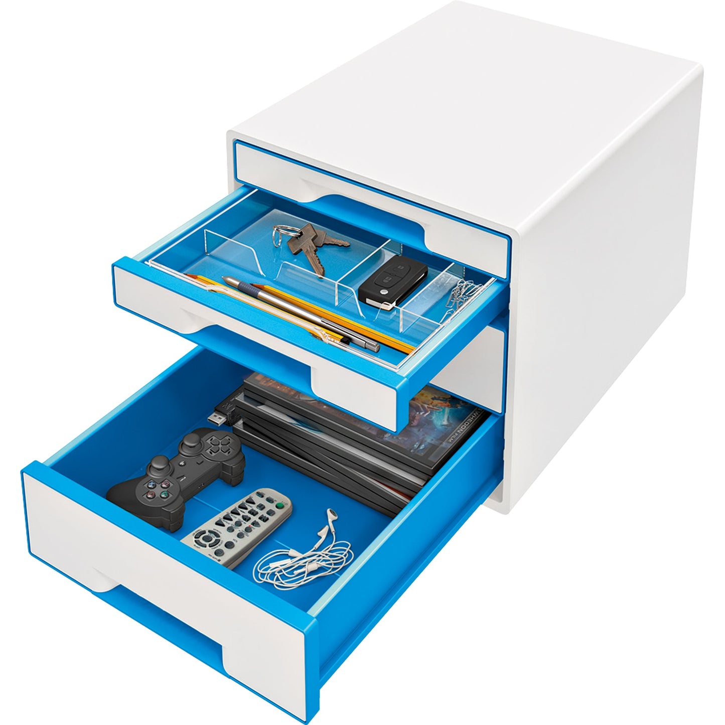 Leitz Schubladenbox WOW CUBE 4 Schubladen DIN A4 Polystyrol Gehäusefarbe: weiß Farbe der Schublade: blau/weiß