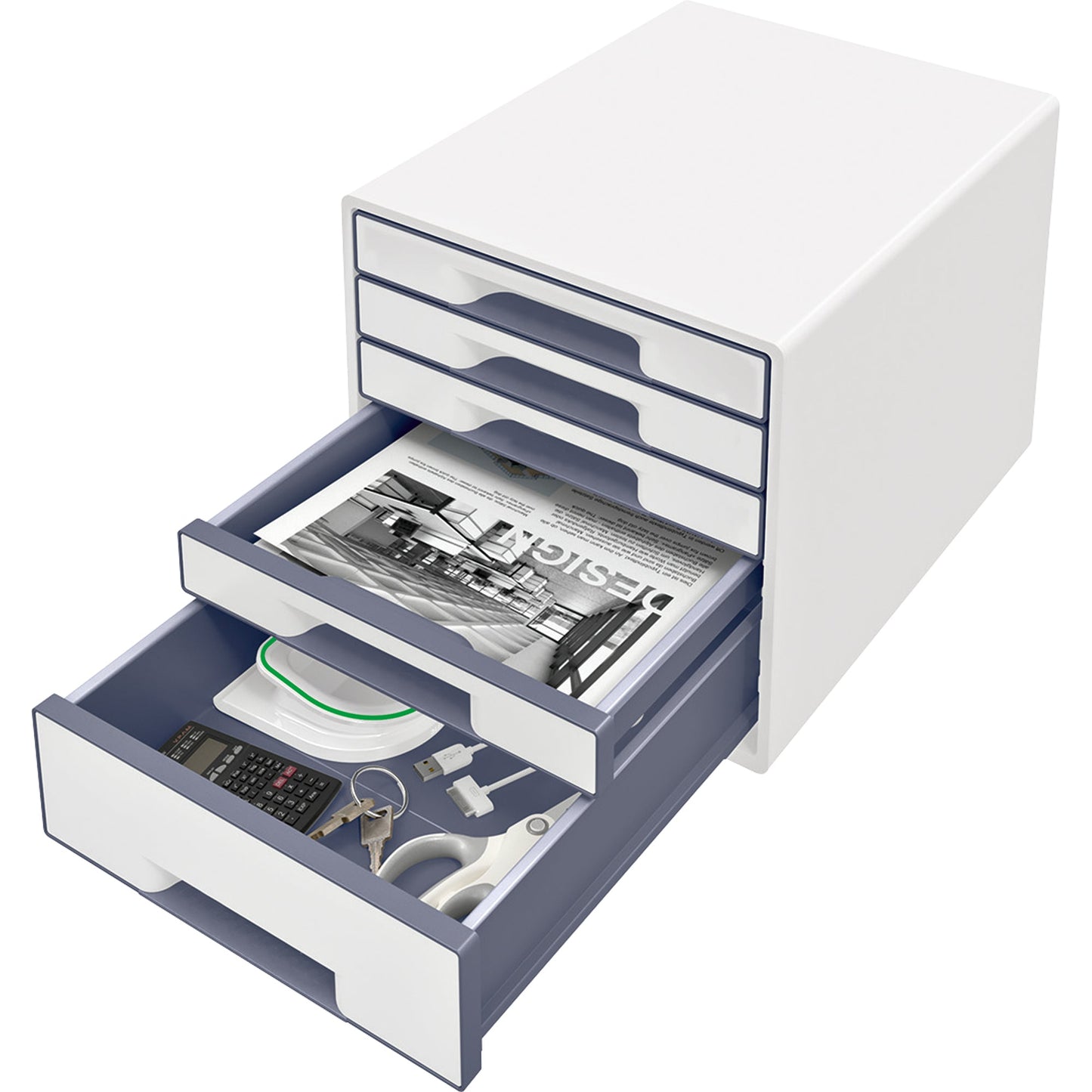 Leitz Schubladenbox WOW CUBE 5 Schubladen DIN A4 Polystyrol Gehäusefarbe: weiß Farbe der Schublade: grau/weiß
