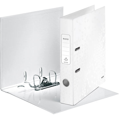 Leitz Ordner WOW 52mm DIN A4 Rückenschild: geklebt mit Schlitzen Werkstoff: Graupappe Material außen: Papier, laminiert Material innen: Papier, laminiert weiß