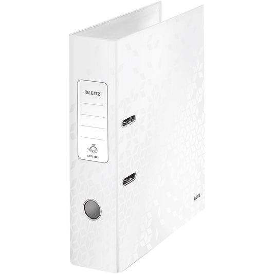 Leitz Ordner WOW 80mm DIN A4 Rückenschild: geklebt mit Schlitzen Werkstoff: Graupappe Material außen: Papier, laminiert Material innen: Papier, laminiert weiß