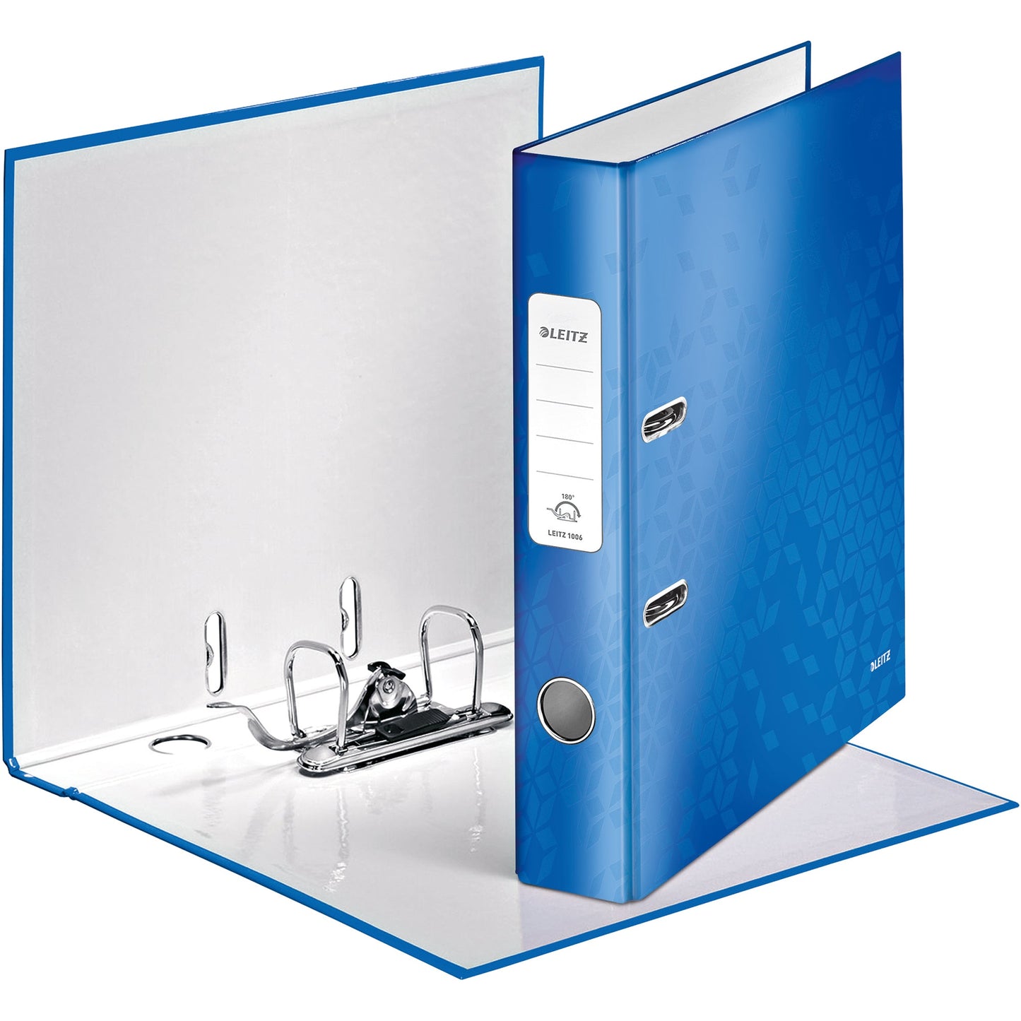 Leitz Ordner WOW 52mm DIN A4 Rückenschild: geklebt mit Schlitzen Werkstoff: Graupappe Material außen: Papier, laminiert Material innen: Papier, laminiert blau