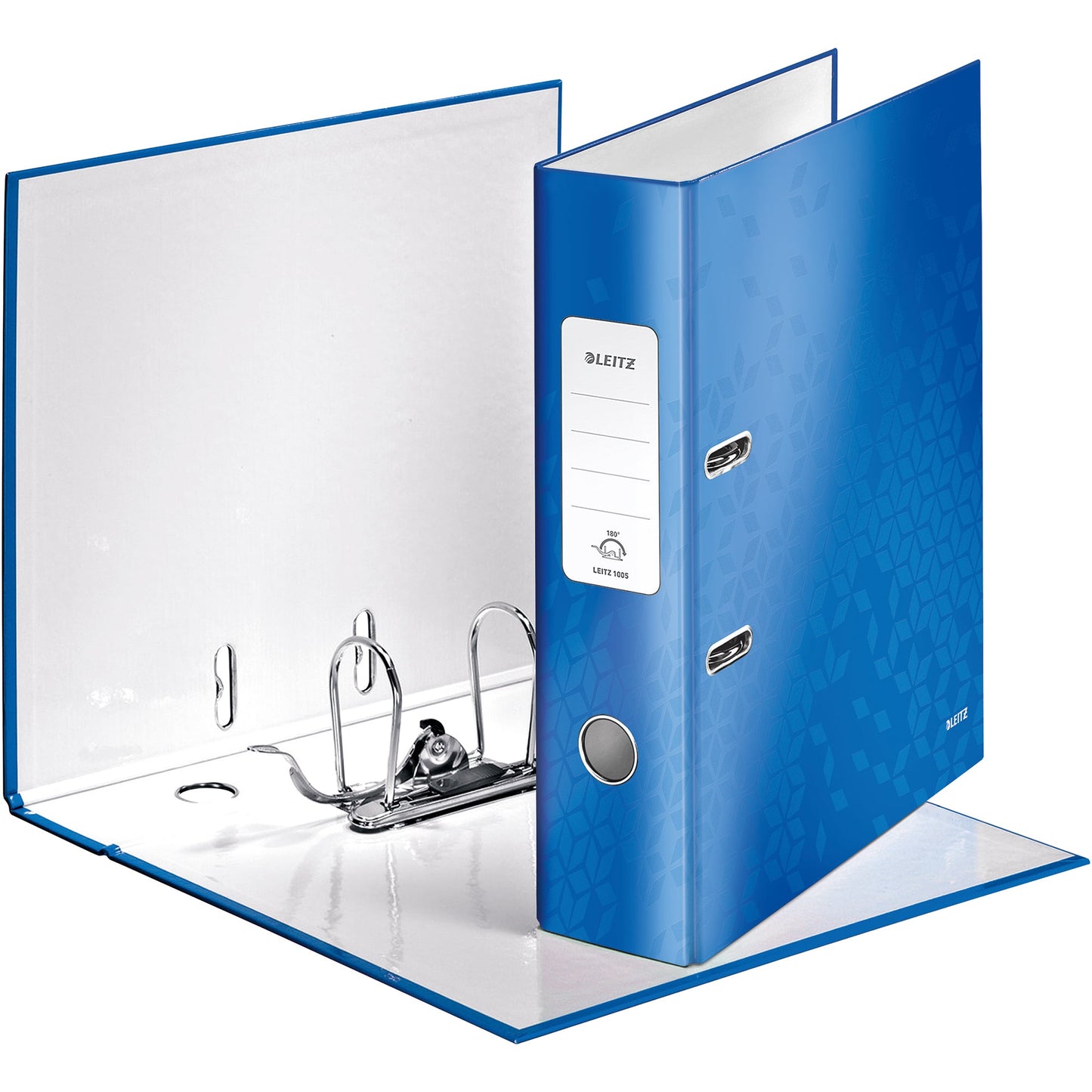 Leitz Ordner WOW 80mm DIN A4 Rückenschild: geklebt mit Schlitzen Werkstoff: Graupappe Material außen: Papier, laminiert Material innen: Papier, laminiert blau
