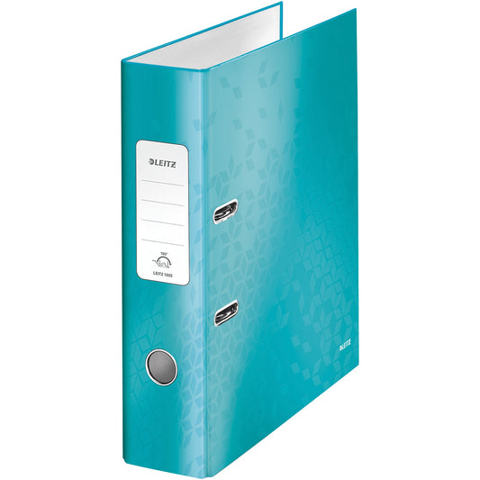 Leitz Ordner WOW 80mm DIN A4 Rückenschild: geklebt mit Schlitzen Werkstoff: Graupappe Material außen: Papier, laminiert Material innen: Papier, laminiert eisblau