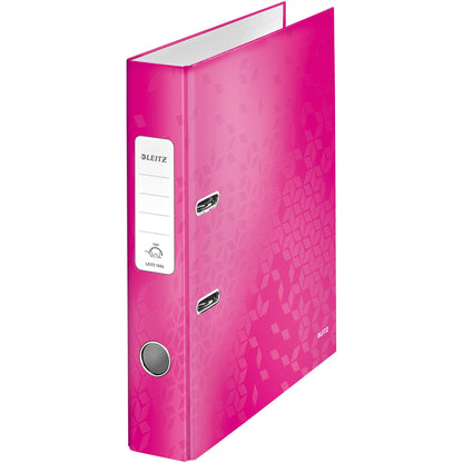 Leitz Ordner WOW 52mm DIN A4 Rückenschild: geklebt mit Schlitzen Werkstoff: Graupappe Material außen: Papier, laminiert Material innen: Papier, laminiert pink