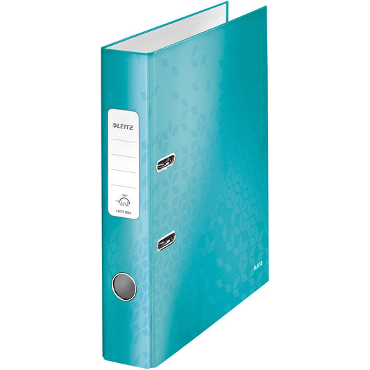 Leitz Ordner WOW 52mm DIN A4 Rückenschild: geklebt mit Schlitzen Werkstoff: Graupappe Material außen: Papier, laminiert Material innen: Papier, laminiert eisblau