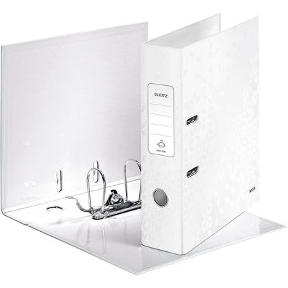 Leitz Ordner WOW 80mm DIN A4 Rückenschild: geklebt mit Schlitzen Werkstoff: Graupappe Material außen: Papier, laminiert Material innen: Papier, laminiert weiß