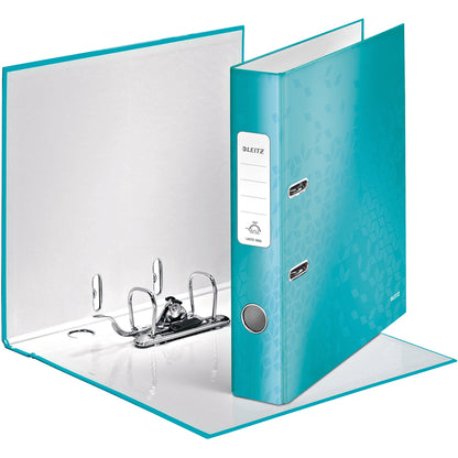 Leitz Ordner WOW 52mm DIN A4 Rückenschild: geklebt mit Schlitzen Werkstoff: Graupappe Material außen: Papier, laminiert Material innen: Papier, laminiert eisblau