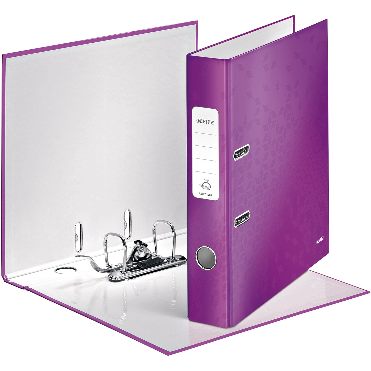 Leitz Ordner WOW 52mm DIN A4 Rückenschild: geklebt mit Schlitzen Werkstoff: Graupappe Material außen: Papier, laminiert Material innen: Papier, laminiert violett