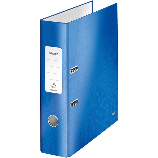 Leitz Ordner WOW 80mm DIN A4 Rückenschild: geklebt mit Schlitzen Werkstoff: Graupappe Material außen: Papier, laminiert Material innen: Papier, laminiert blau