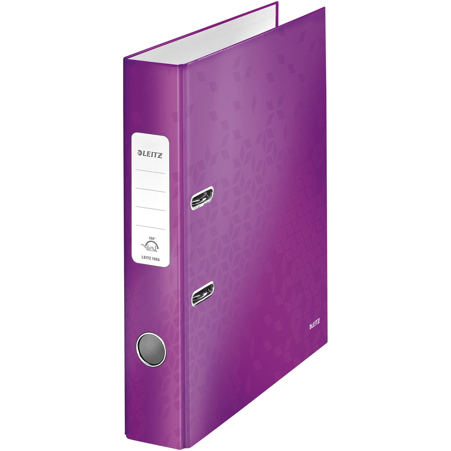 Leitz Ordner WOW 52mm DIN A4 Rückenschild: geklebt mit Schlitzen Werkstoff: Graupappe Material außen: Papier, laminiert Material innen: Papier, laminiert violett