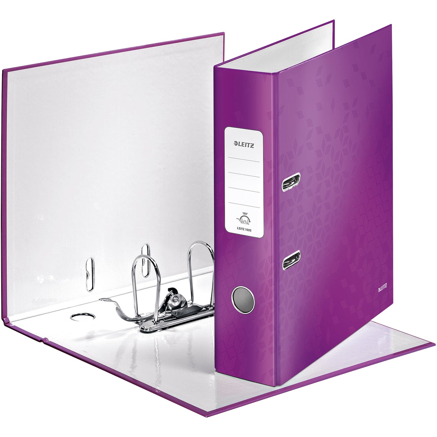 Leitz Ordner WOW 80mm DIN A4 Rückenschild: geklebt mit Schlitzen Werkstoff: Graupappe Material außen: Papier, laminiert Material innen: Papier, laminiert violett