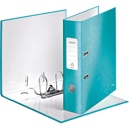 Leitz Ordner WOW 80mm DIN A4 Rückenschild: geklebt mit Schlitzen Werkstoff: Graupappe Material außen: Papier, laminiert Material innen: Papier, laminiert eisblau