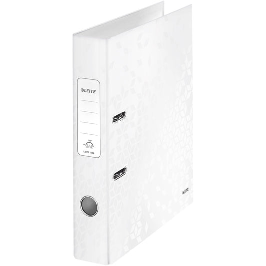 Leitz Ordner WOW 52mm DIN A4 Rückenschild: geklebt mit Schlitzen Werkstoff: Graupappe Material außen: Papier, laminiert Material innen: Papier, laminiert weiß
