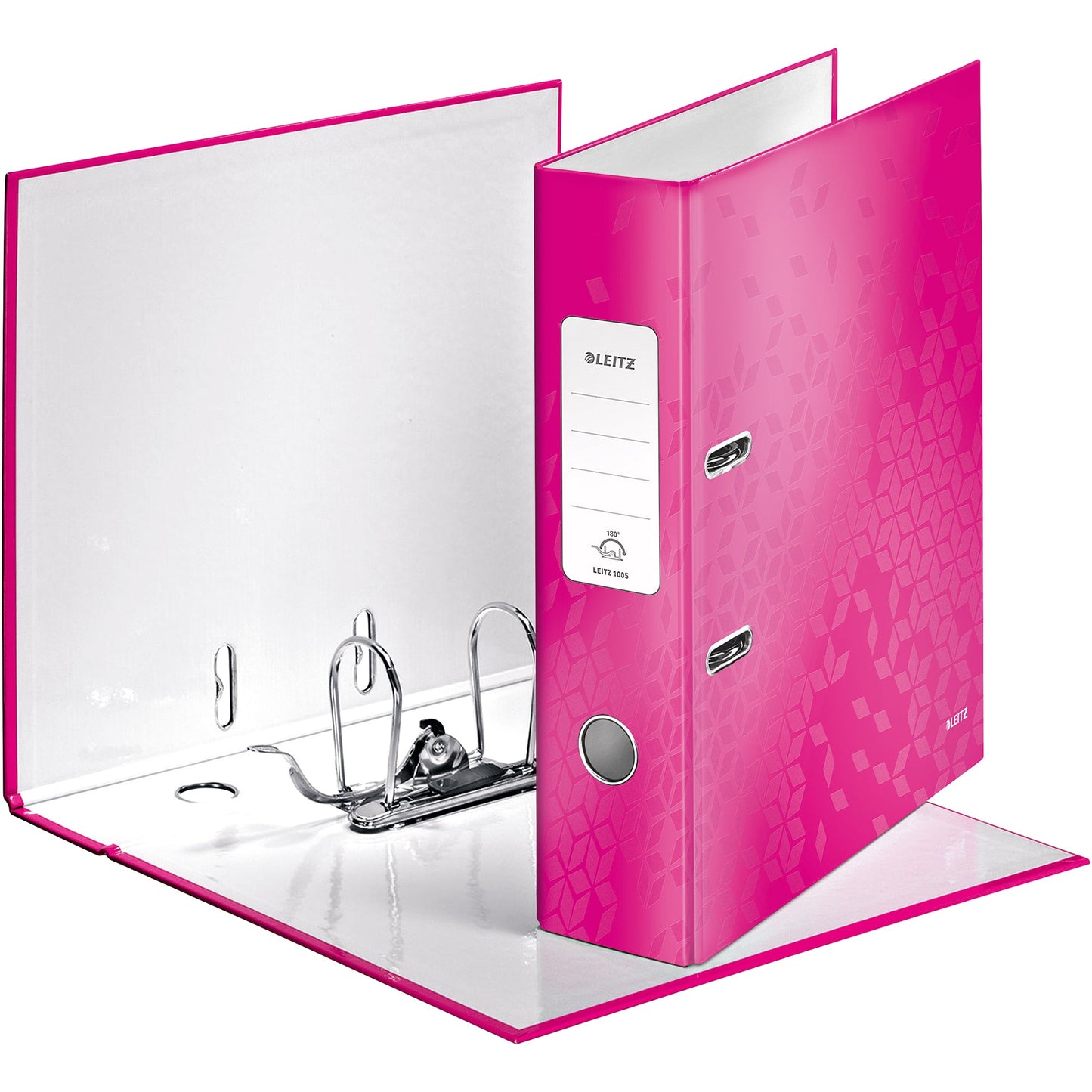 Leitz Ordner WOW 80mm DIN A4 Rückenschild: geklebt mit Schlitzen Werkstoff: Graupappe Material außen: Papier, laminiert Material innen: Papier, laminiert pink
