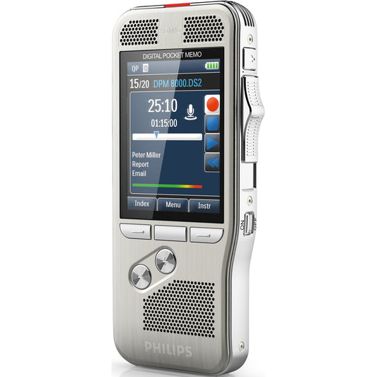 Philips Diktiergerät Digital Pocket Memo DPM 8500 5,3 x 12,3 x 1,5 cm (B x H x T) 2.800 (SP), 1.400 (QP), 200 (MP3), 108 (PCM Voice), 52 (PCM Stereo)h nkl. Dockingstation, Speicherkarte (16 Gbyte), Akku, USB-Kabel silber