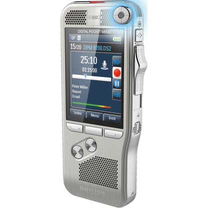 Philips Diktiergerät Digital Pocket Memo DPM 8100 5,3 x 12,3 x 1,5 cm (B x H x T) 2.800 (SP), 1.400 (QP), 200 (MP3), 108 (PCM Voice), 52 (PCM Stereo)h inkl. Dockingstation, Speicherkarte (16 Gbyte), Akku, USB-Kabel silber