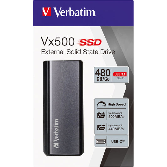 Verbatim Festplatte extern Vx500 92 x 9 x 29 mm (B x H x T) USB 3.1 GEN 2 480 Gbyte inkl. USB-C-Kabel, USB-A-Kabel, Nero Backup-Software (nicht mit Mac kompatibel), Kurzanleitung