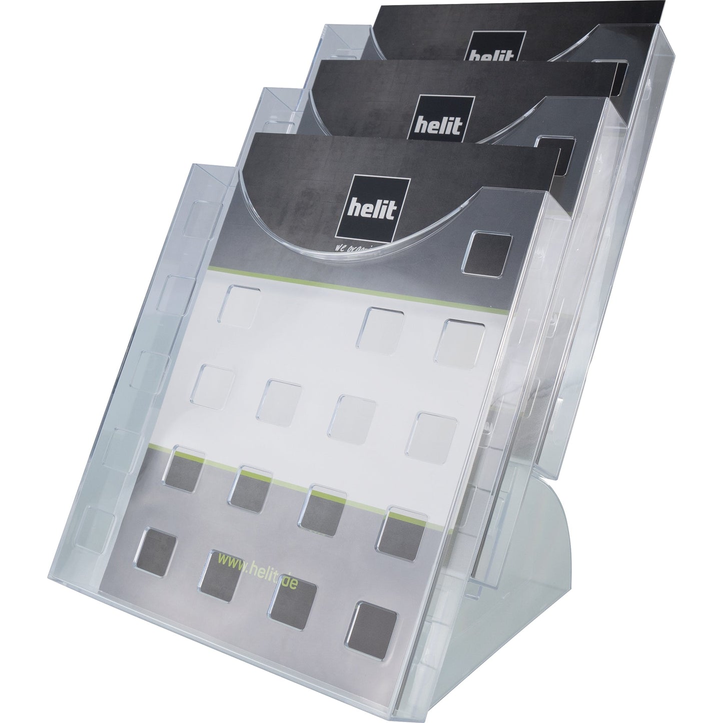 helit Prospekthalter the step grid 23,7 x 33,7 x 30 cm (B x H x T) DIN A4 Polystyrol glasklar 3 Fächer