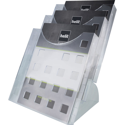 helit Prospekthalter the step grid 23,7 x 33,7 x 30 cm (B x H x T) DIN A4 Polystyrol glasklar 3 Fächer