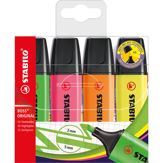 STABILO® Textmarker BOSS® ORIGINAL 2-5mm farbig sortiert Keilspitze 4 St./Pack.