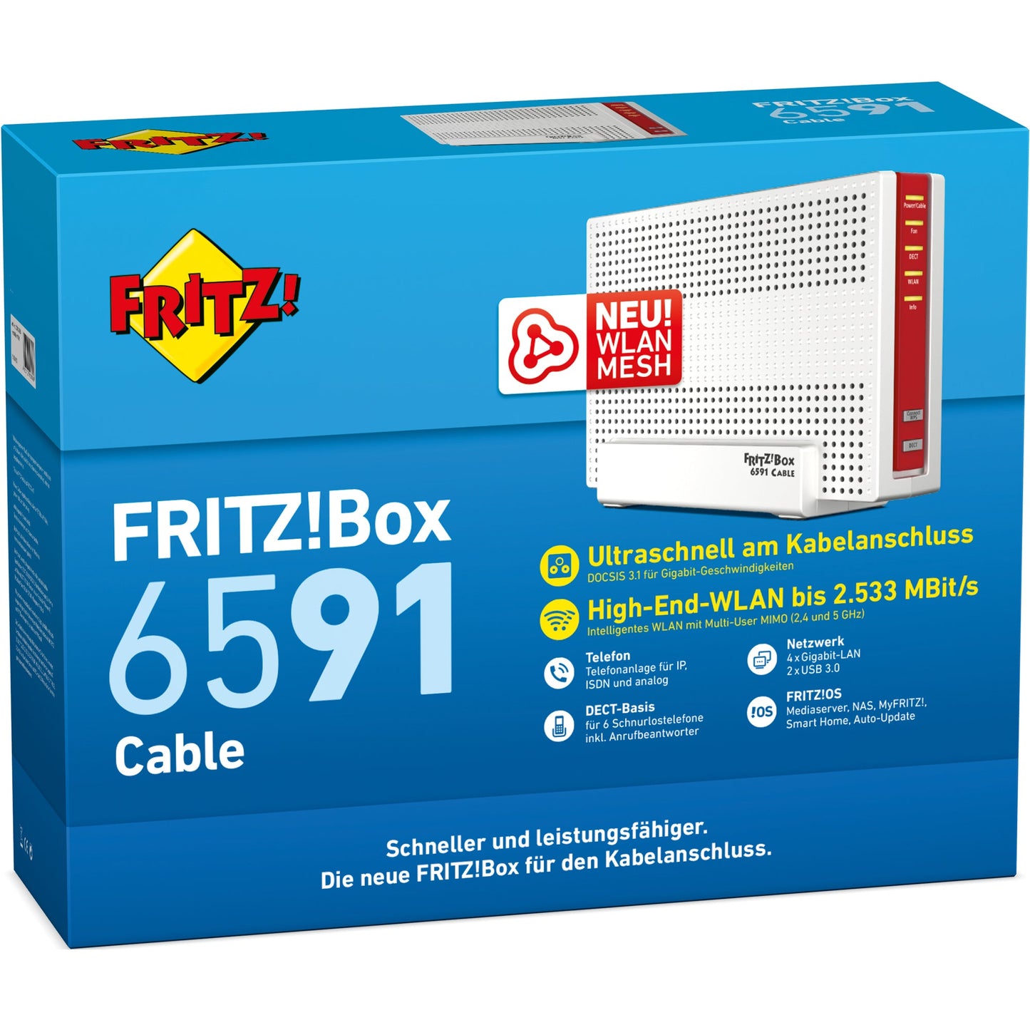 FRITZ! Router FRITZ!Box 6591 Cable 8,5 x 20,9 x 27,3 cm (B x H x T) 4 x Gigabit-LAN, 4 x 4 WLAN AC+N, 2 x USB 3.0. DECT-Basis, ISDN-S-Bus, 2 x analog (a/b-Ports), Kabelanschluss 800/1.733 Mbits/s