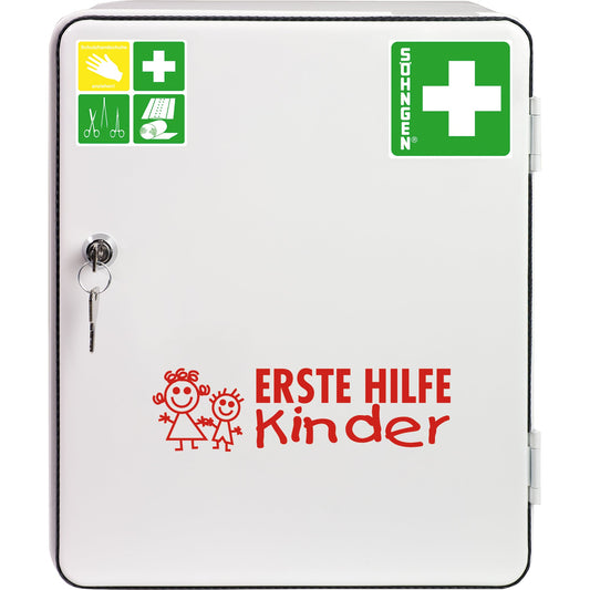 SÖHNGEN® Verbandschrank Kindergarten gefüllt Spezialfüllung Kita-Vorschulalter bis 6 Jahre, überwiegend aluderm®-, aluderm®-aluplast Kinder-Verbandstoffe in kindgerechten Größen Stahlblech weiß