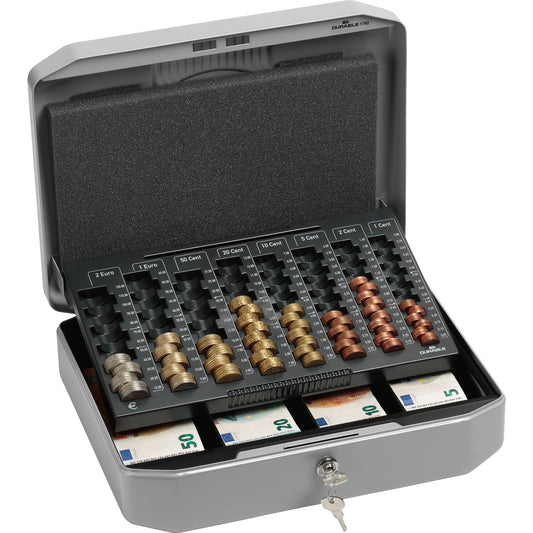 DURABLE Geldkassette ?UROBOXX® 35,2 x 12 x 27,6 cm (B x H x T) 4 Fächer für Banknoten 8 Fächer für Hartgeld mit Schloss Stahl anthrazit/grau