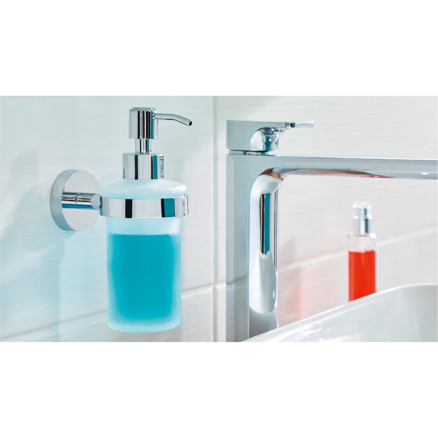 tesa® Seifenspender SMOOZ 7 x 17 x 12,6 cm (B x H x T) 0,2l inkl. Klebelösung ohne Lösungsmittel Metall/Glas chrom/weiß