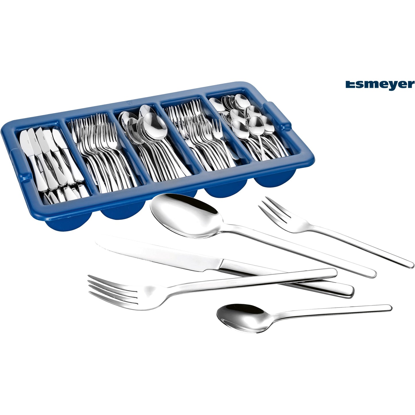 Esmeyer® Besteckgarnitur BETTINA Mehrweg 36 x Menümesser, Menülöffel, Menügabel, Kaffeelöffel, Kuchengabel, 1 x Besteckbehälter Edelstahl 18/10, hochglanz-poliert silber