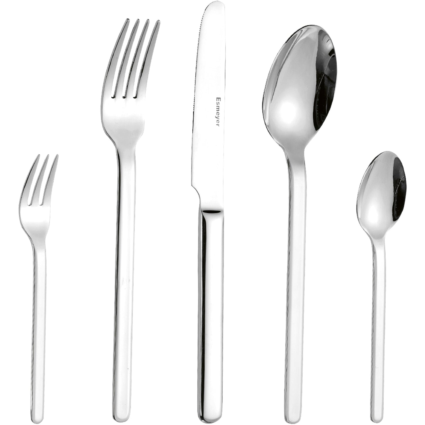 Esmeyer® Besteckgarnitur BETTINA Mehrweg 36 x Menümesser, Menülöffel, Menügabel, Kaffeelöffel, Kuchengabel, 1 x Besteckbehälter Edelstahl 18/10, hochglanz-poliert silber
