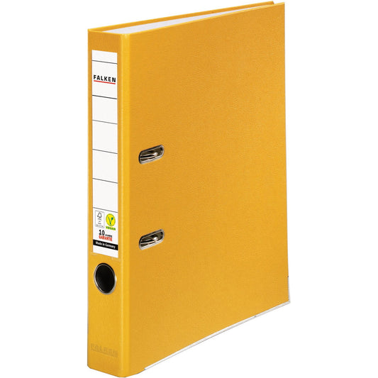 Falken Ordner Color Vegan 50mm DIN A4 Rückenschild: einsteckbar mit Schlitzen Werkstoff: Pappe Material außen: Polypropylen Material innen: Papier gelb