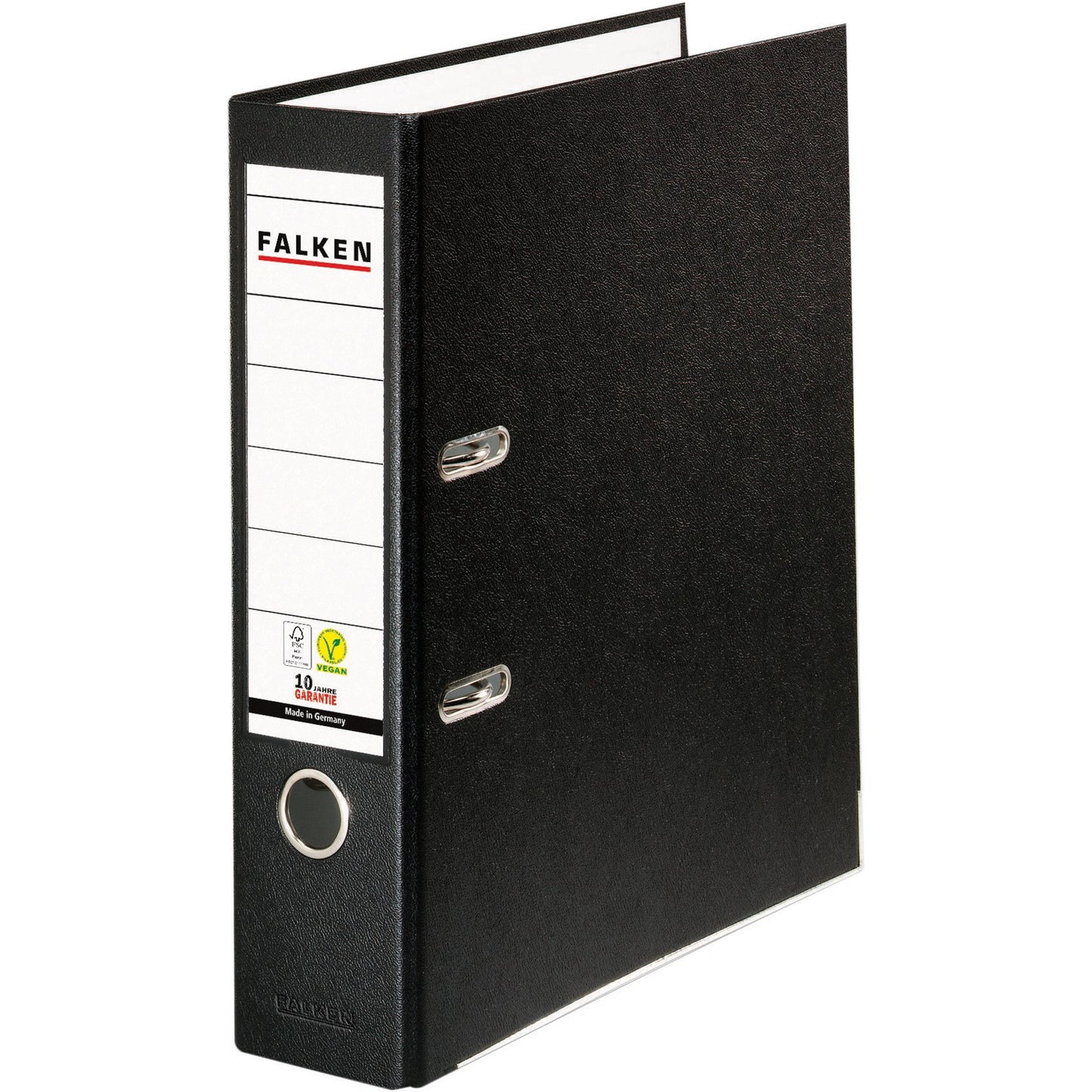 Falken Ordner Color Vegan 80mm DIN A4 Rückenschild: einsteckbar mit Schlitzen Werkstoff: Pappe Material außen: Polypropylen Material innen: Papier schwarz