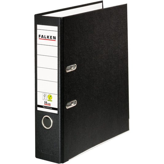Falken Ordner Color Vegan 80mm DIN A4 Rückenschild: einsteckbar mit Schlitzen Werkstoff: Pappe Material außen: Polypropylen Material innen: Papier schwarz