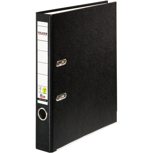 Falken Ordner Color Vegan 50mm DIN A4 Rückenschild: einsteckbar mit Schlitzen Werkstoff: Pappe Material außen: Polypropylen Material innen: Papier schwarz