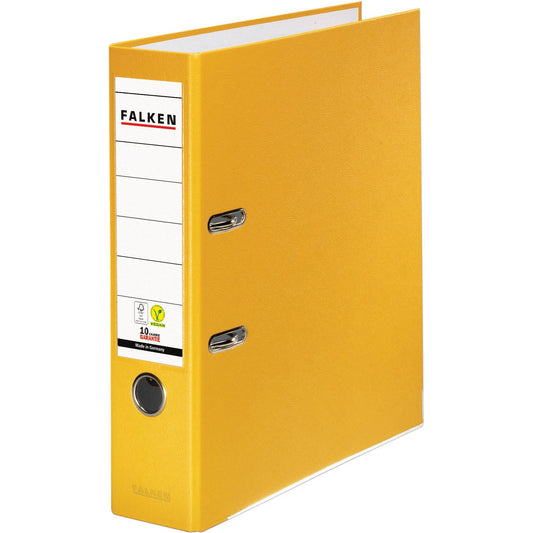 Falken Ordner Color Vegan 80mm DIN A4 Rückenschild: einsteckbar mit Schlitzen Werkstoff: Pappe Material außen: Polypropylen Material innen: Papier gelb